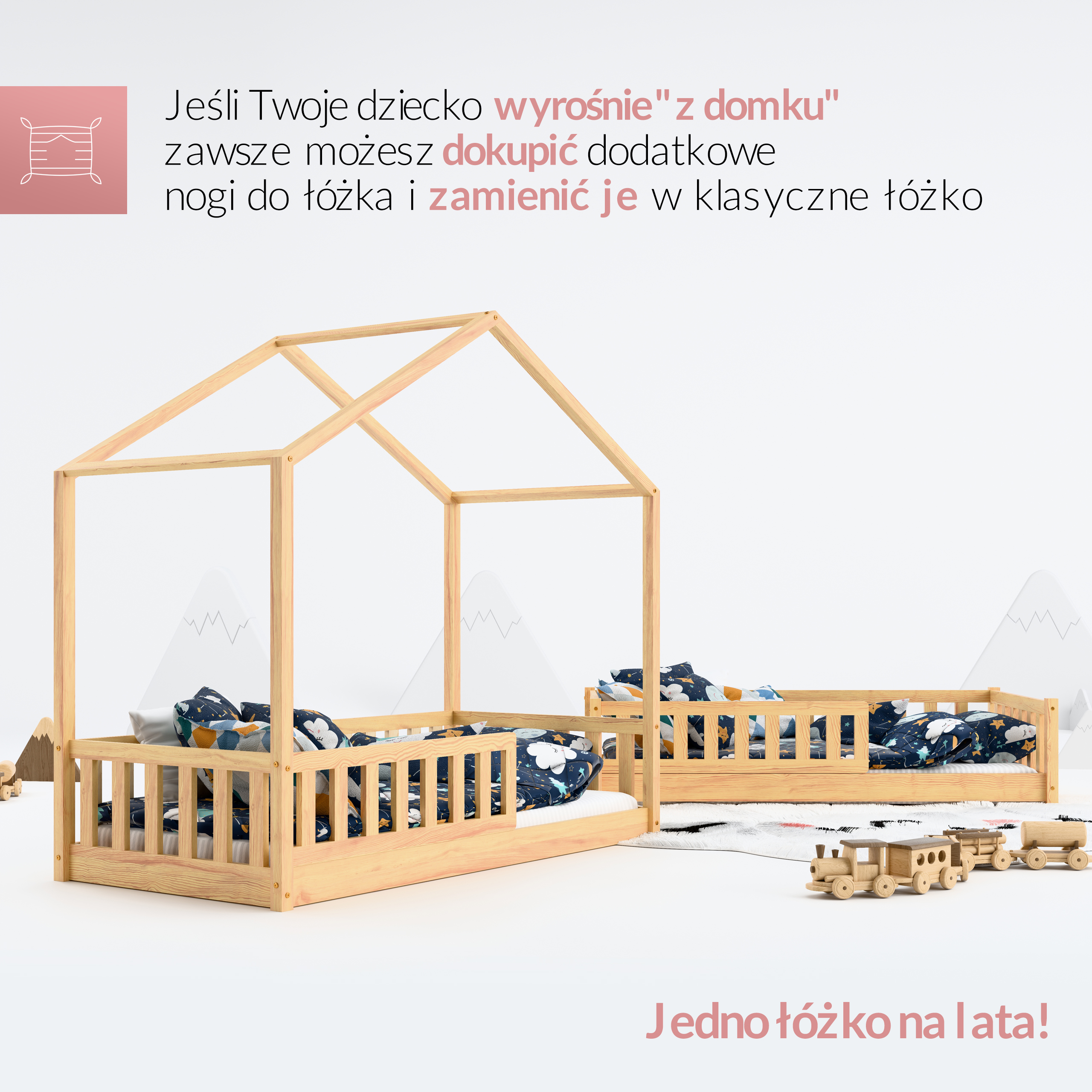 Łóżeczko niskie podłogowe dla dziecka, łóżko domek dla 2 i 3 latki z drewna, łóżka dziecięce.