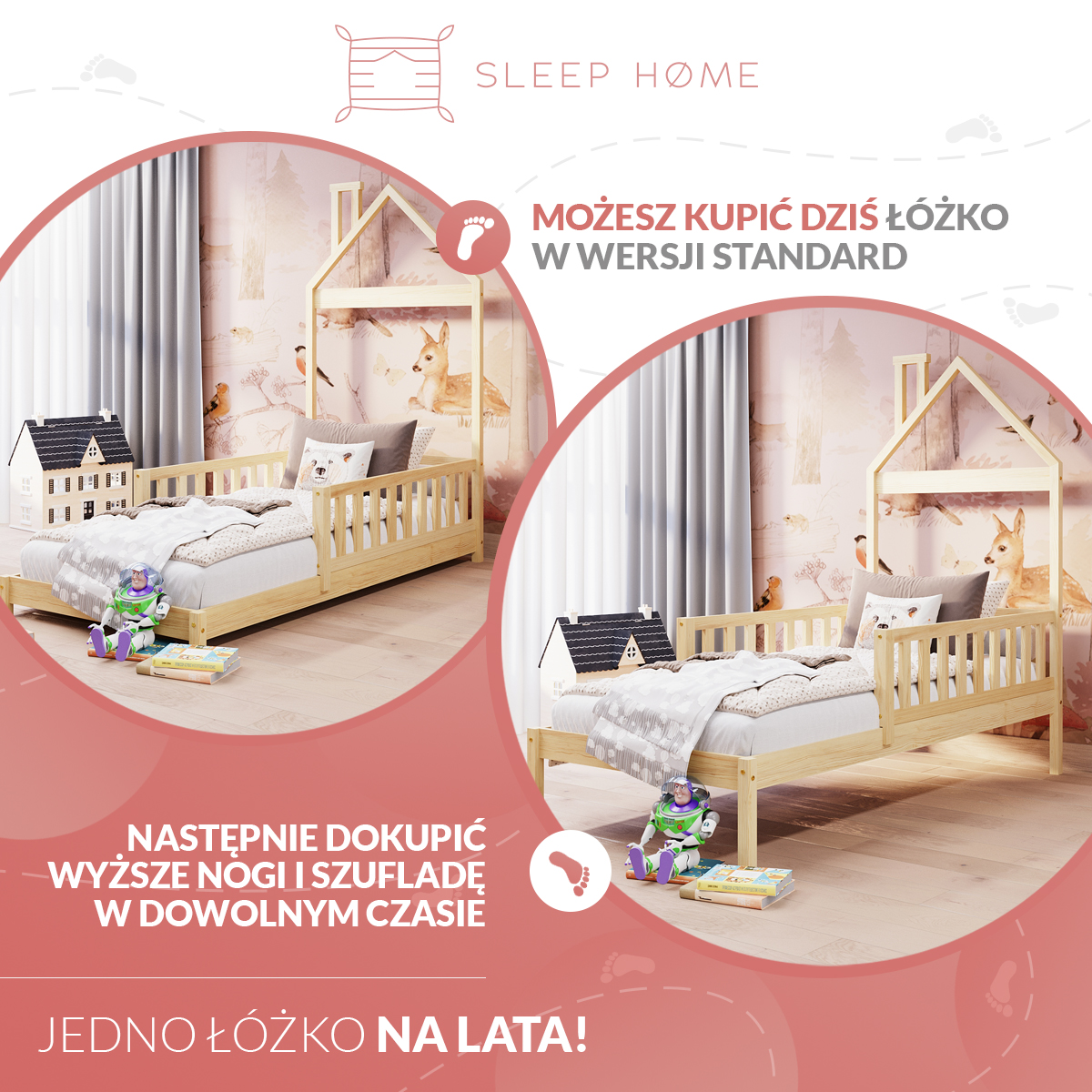 łóżko-domek-dla-dziecka-z-barierkami-łóżko-dla-2-latka-i-3-latka Łóżko domek dla 2 i 3 latka, łóżeczko drewniane z szufladą wysuwaną i dodatkowym spaniem.